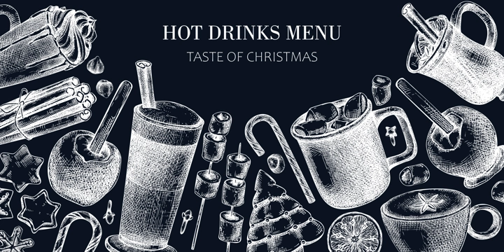 Hot drinks menu design. Mulled wine, coffee, hot chocolate, cocoa vector sketches. Christmas design template. Winter drinks and sweets frame template. Vintage food background on chalkboard